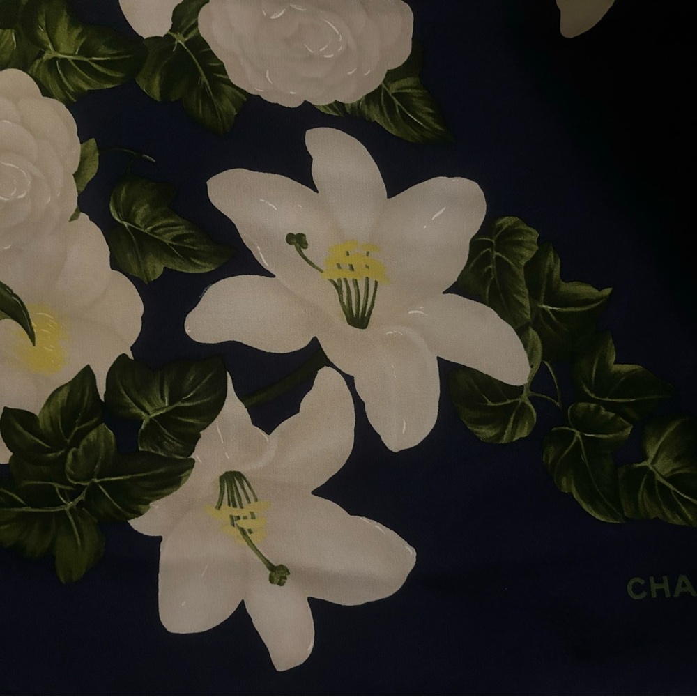 Authentic CHANEL Navy and White Floral Silk Scarf - Picture 5 of 7